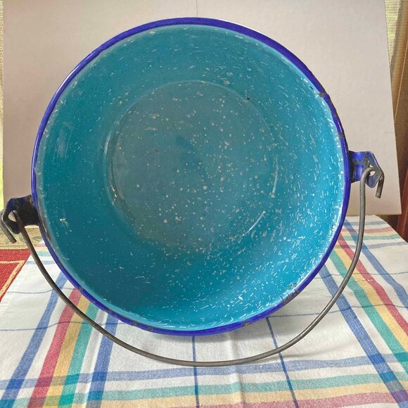 Enamelware Vintage Bucket w Handle & Lid Turquoise Blue - Picture 2 of 6